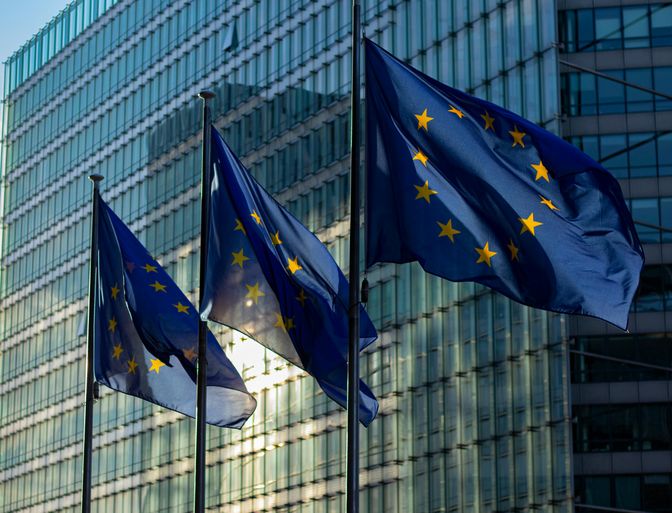 European Union flags waving in the wind.
